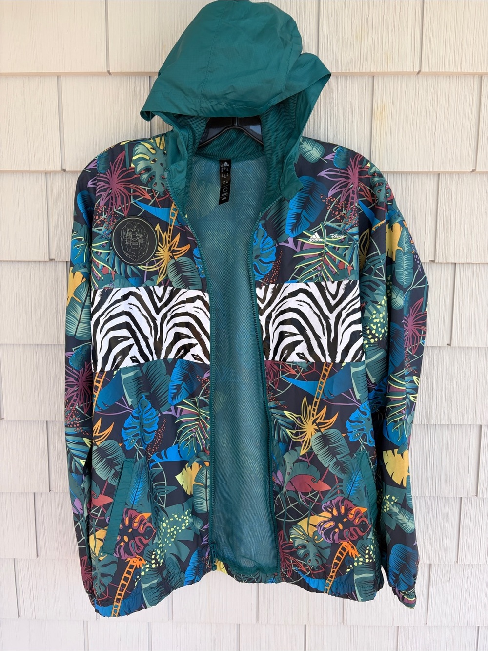 adidas Kids Teal Hooded Tropical Print Rain Jacket with Zebra Stripe
